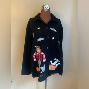 Fleece jacket Halloween scarecrow ghost pumpkin spice appliqué art to wear fall